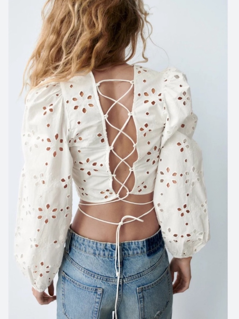 Zara Cream Eyelet Lace-Up Back Puff Sleeve Top